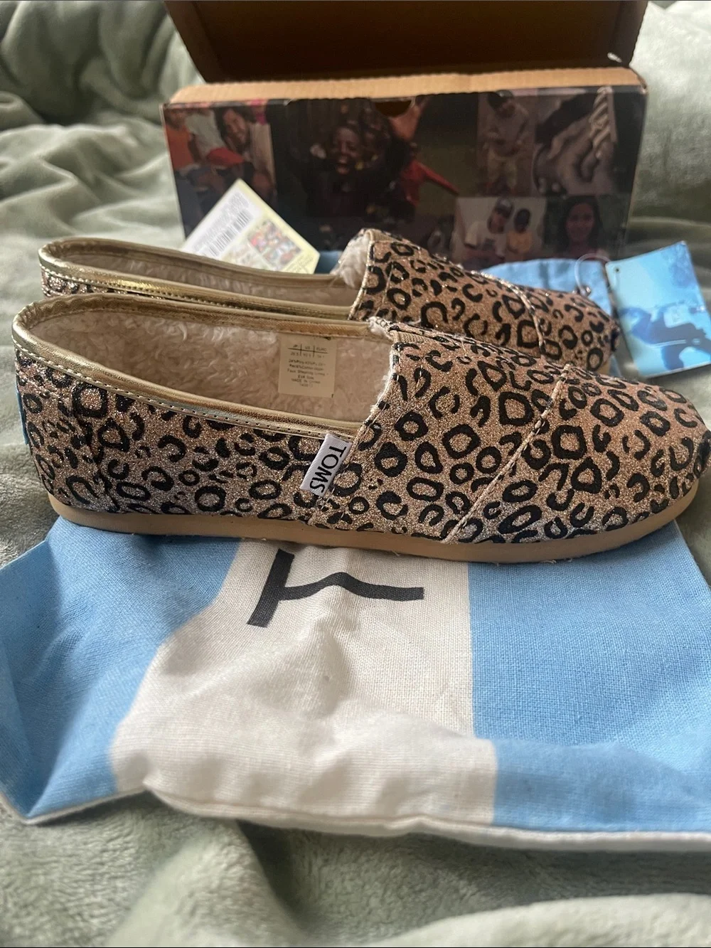 TOMS Kids Leopard Print Slip-On Moccasins - Tan and Black Glitter